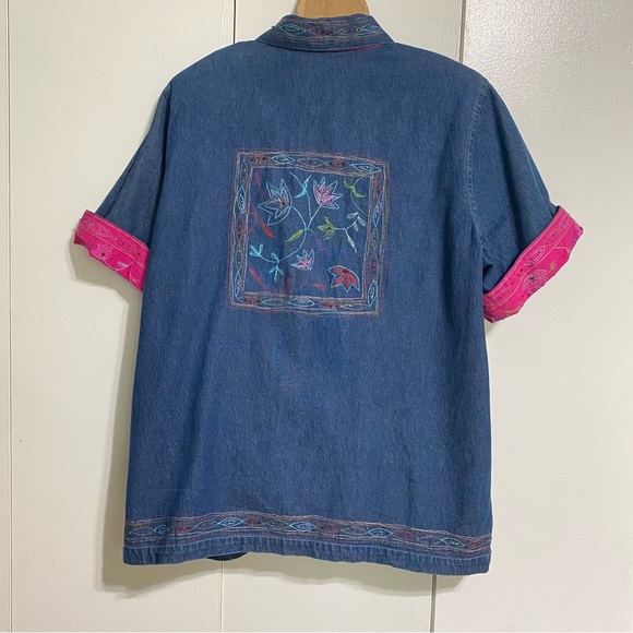 COUNTRY WEAR Vintage Denim Beaded Short Sleeve Shacket Pink Floral Large Petite - Picture 10 of 16
